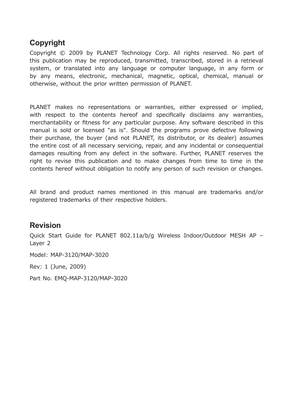 Copyright, Revision | PLANET MAP-3020 User Manual | Page 3 / 12