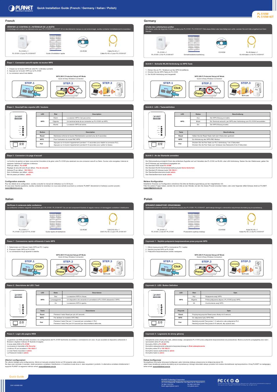 French germany italian polish, Click, Press | PLANET PL-510W User Manual | Page 2 / 2