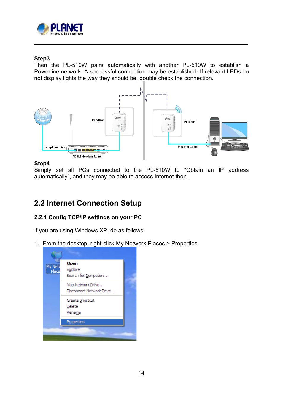 2 internet connection setup, 1 config tcp/ip settings on your pc, Nternet | Onnection, Etup | PLANET PL-510W User Manual | Page 15 / 47