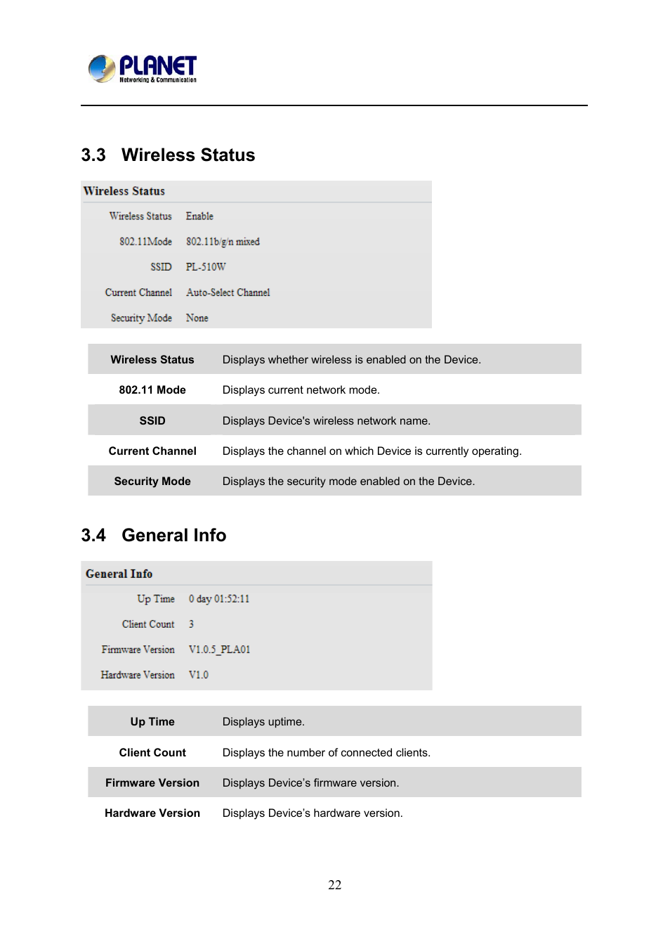 3 wireless status, 4 general info, Ireless | Tatus, Eneral | PLANET PL-510W User Manual | Page 24 / 47