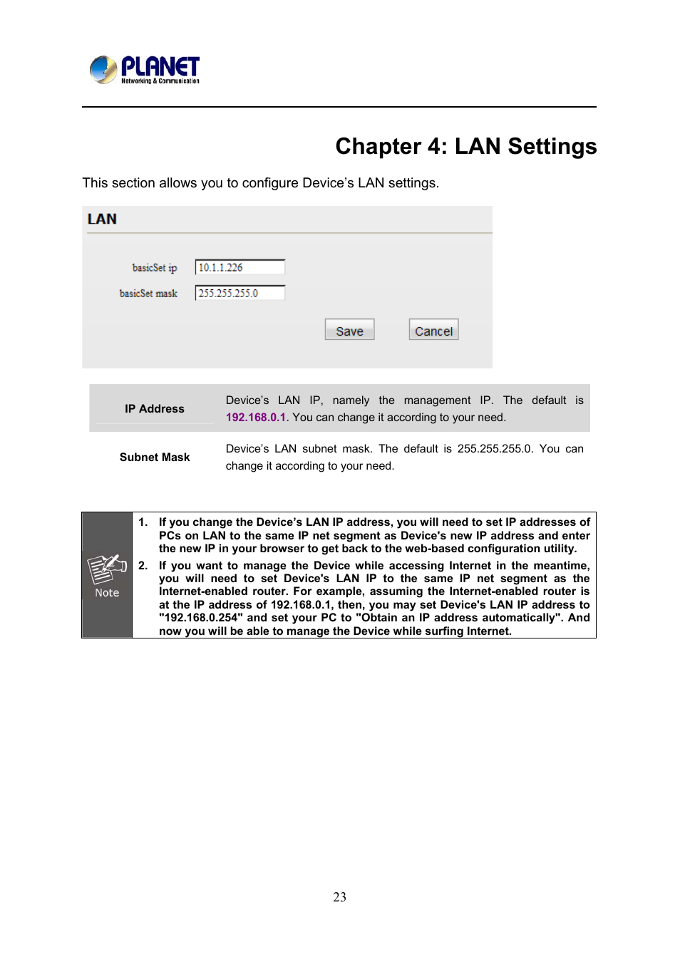 Chapter 4: lan settings, Chapter4: lan settings | PLANET PL-510W User Manual | Page 25 / 47