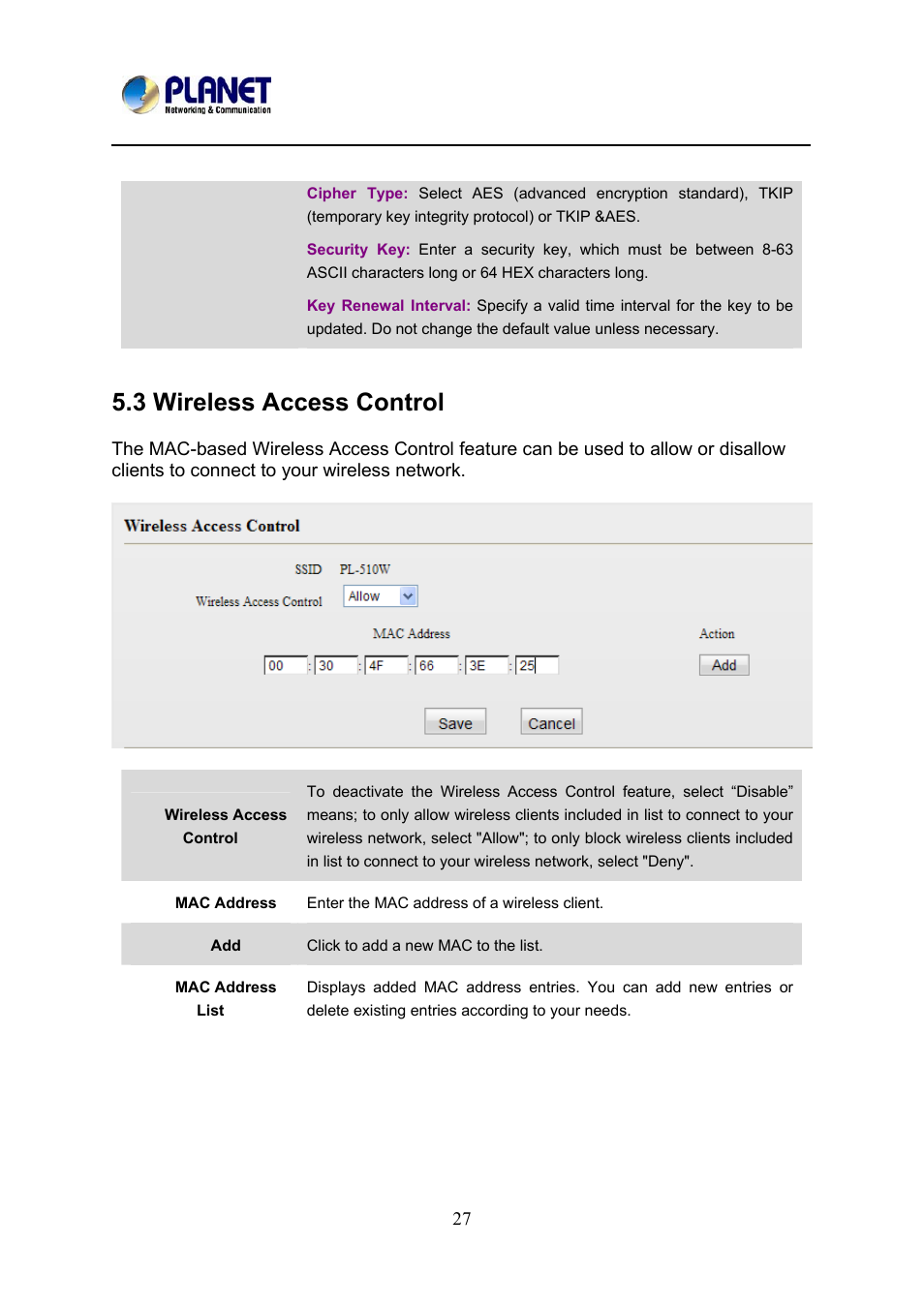3 wireless access control, Ireless, Ccess | Ontrol | PLANET PL-510W User Manual | Page 29 / 47