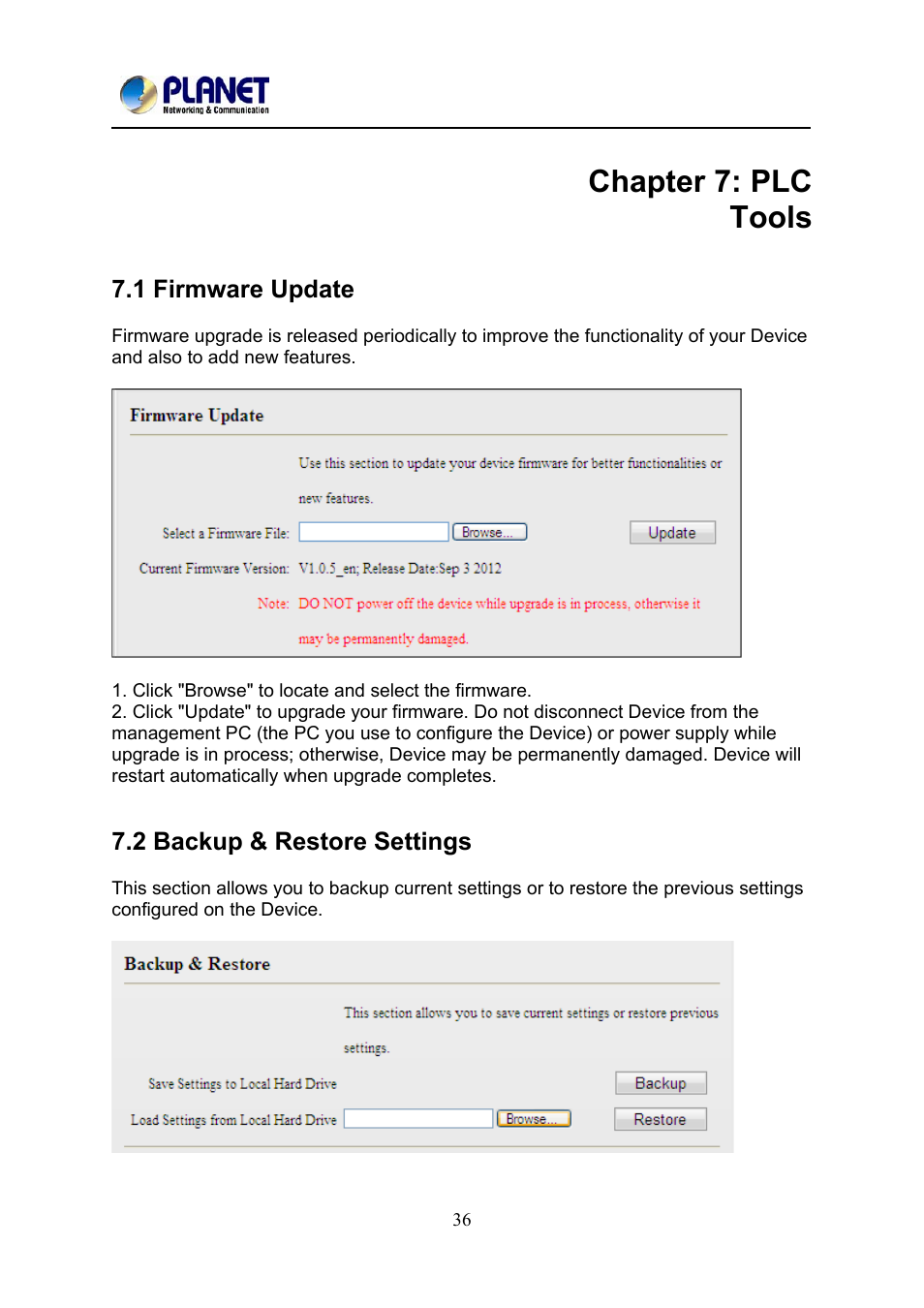 Chapter 7: plc tools, 1 firmware update, 2 backup & restore settings | Chapter7: plc tools, Irmware, Pdate, Ackup, Estore, Ettings | PLANET PL-510W User Manual | Page 38 / 47