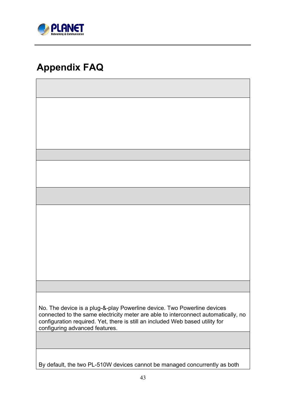 Appendix faq, Appendix | PLANET PL-510W User Manual | Page 45 / 47