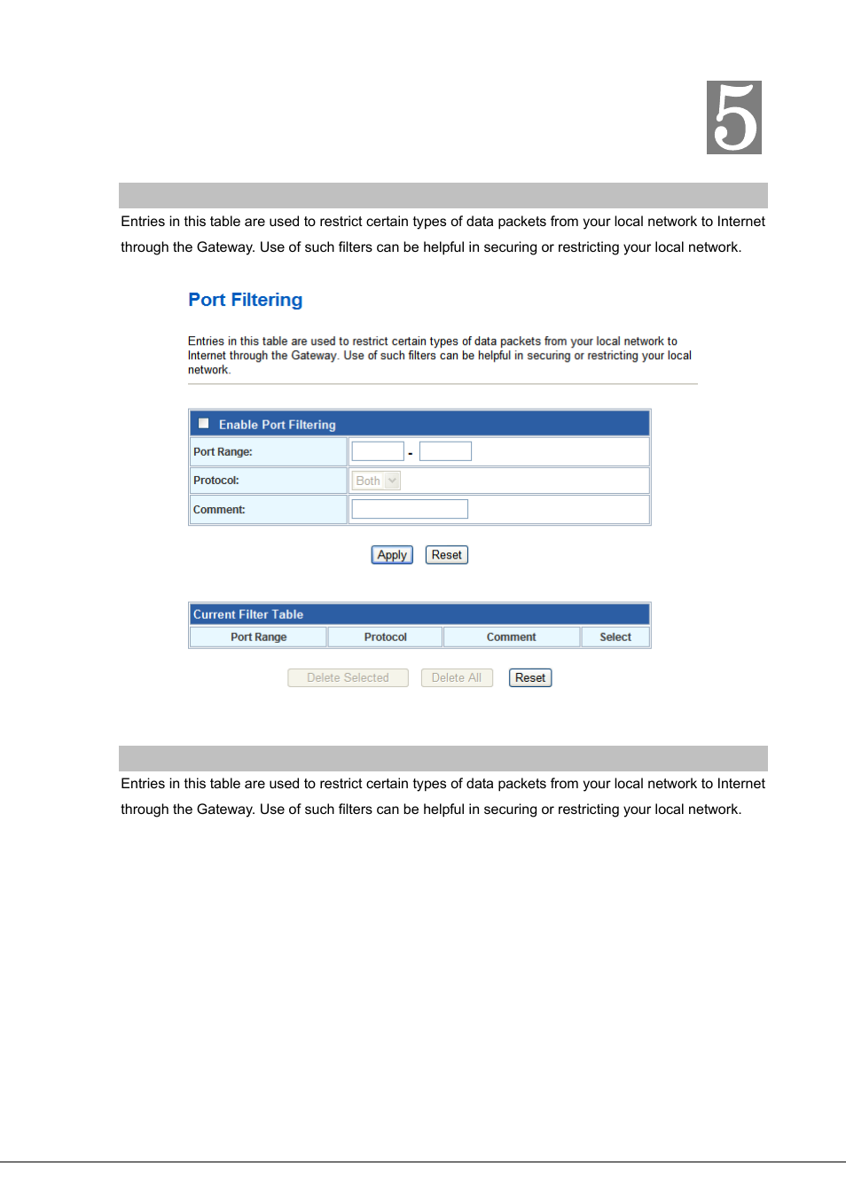 Chapter 5 firewall settings, Port filtering, Ip filtering | PLANET VIP-281SW User Manual | Page 35 / 80