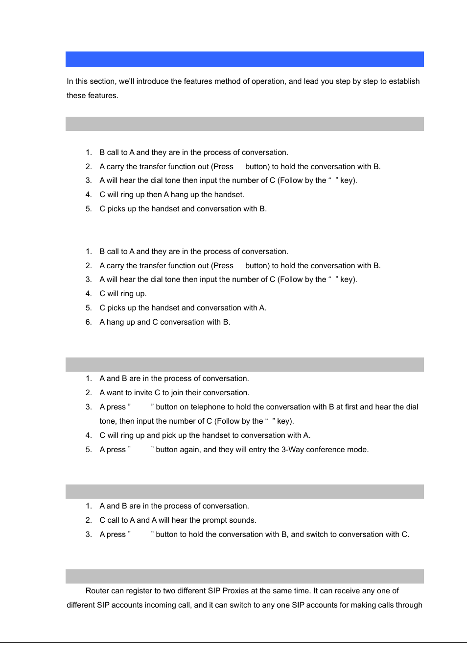 Call transfer, Way conference, Call waiting | Switch the default proxy | PLANET VIP-281SW User Manual | Page 76 / 80