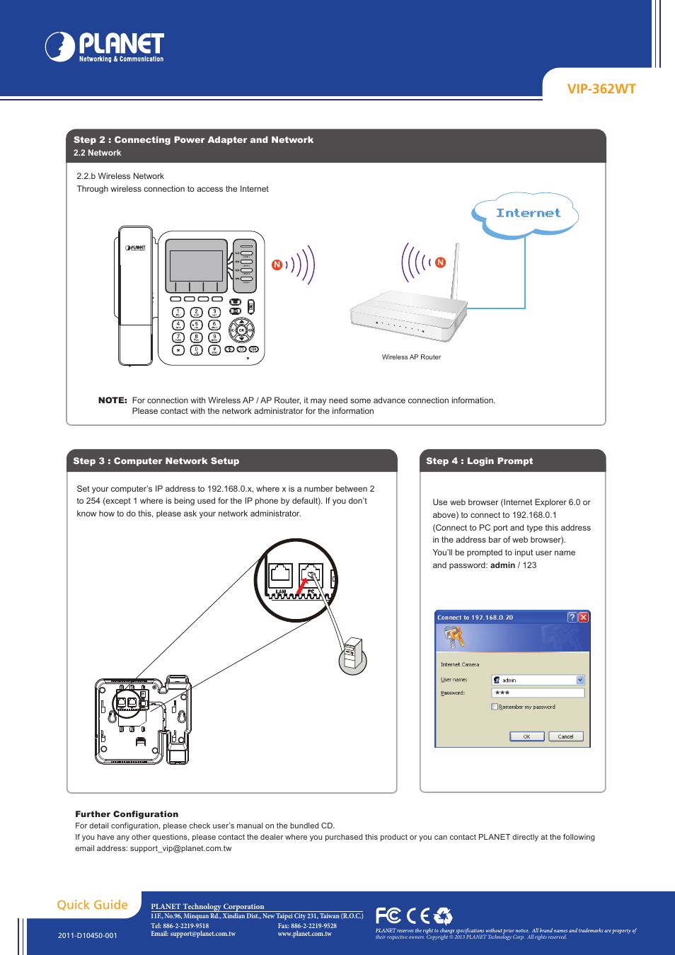 Internet, Vip-362wt, Quick guide | PLANET VIP-362WT User Manual | Page 2 / 2