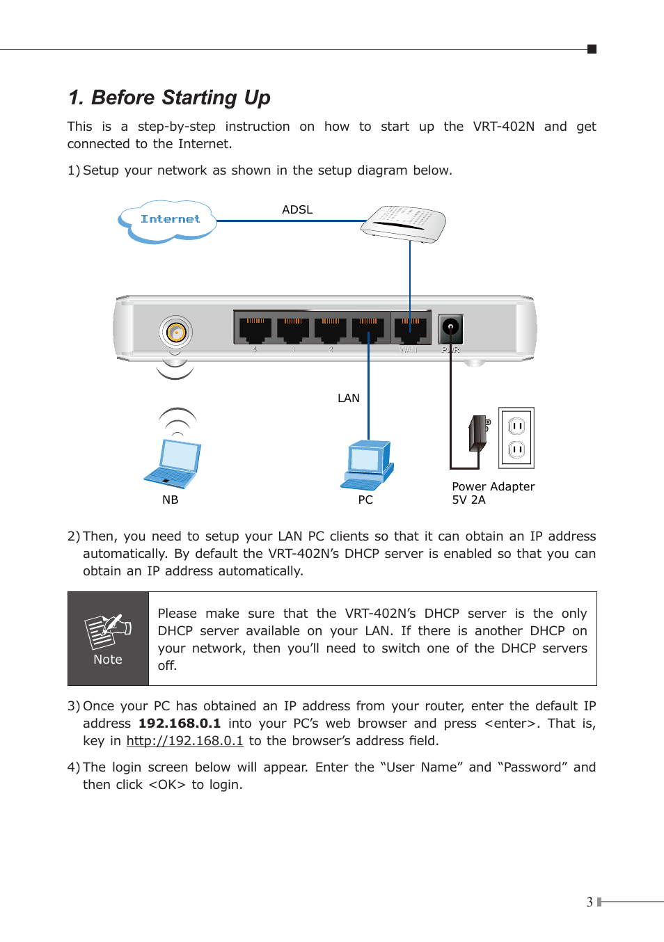 Before starting up, Internet | PLANET VRT-402N User Manual | Page 3 / 8