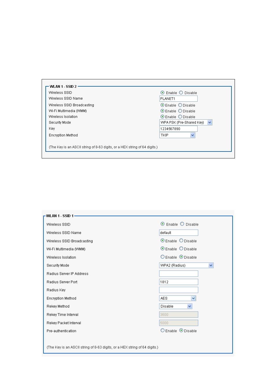 3 wireless security mode wpa psk/wpa2 psk, 4 wireless security mode wpa radius/wpa2 radius, Wireless security mode wpa psk/wpa2 psk | Wireless security mode wpa radius/wpa2 radius | PLANET VRT-420N User Manual | Page 28 / 71