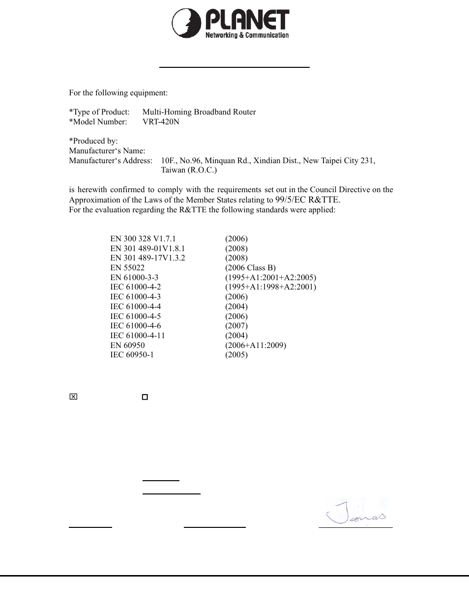 Ec declaration of conformity, Planet technology corporation | PLANET VRT-420N User Manual | Page 70 / 71