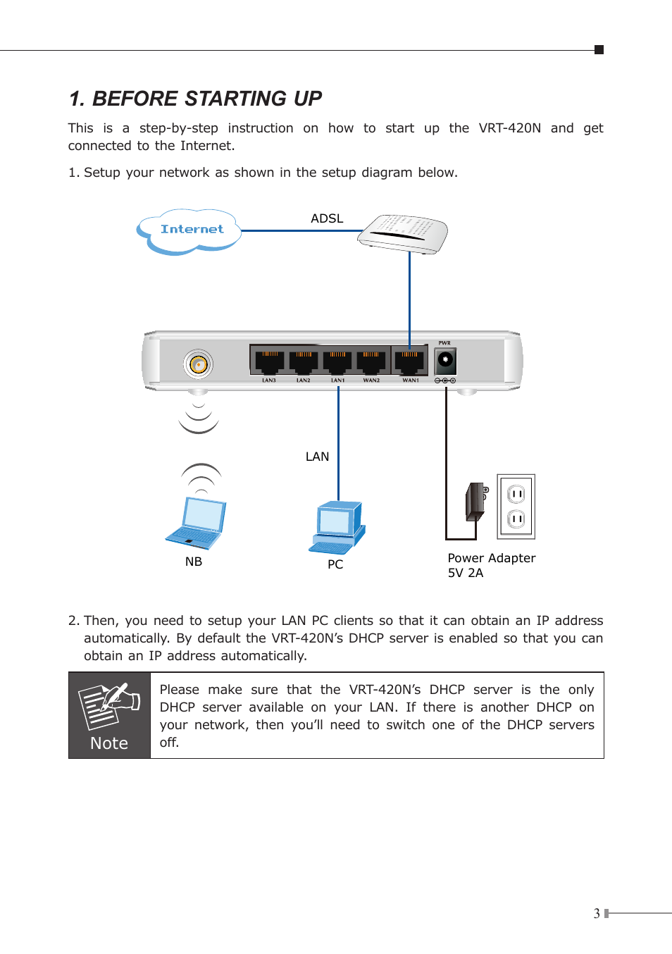 Before starting up, Internet | PLANET VRT-420N User Manual | Page 3 / 8