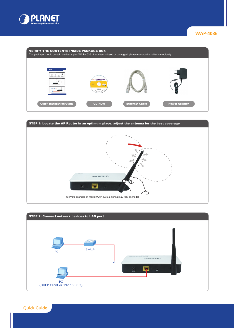 PLANET WAP-4036 User Manual | 2 pages