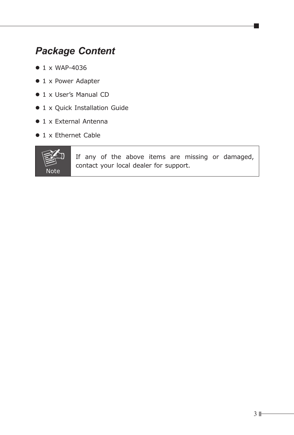 Package content | PLANET WAP-4036 User Manual | Page 3 / 8