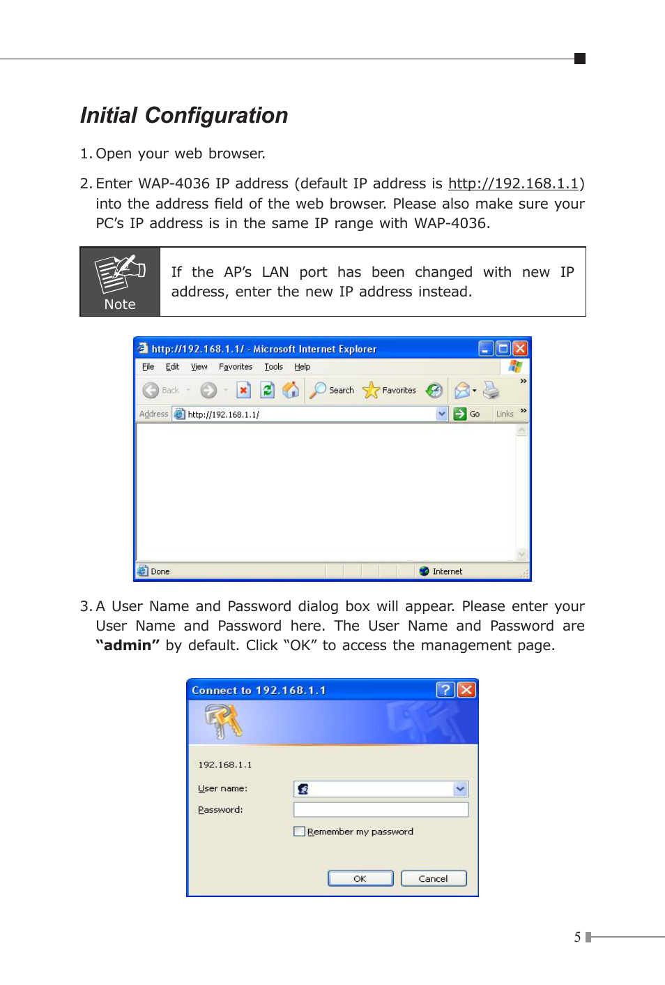 Initial configuration | PLANET WAP-4036 User Manual | Page 5 / 8