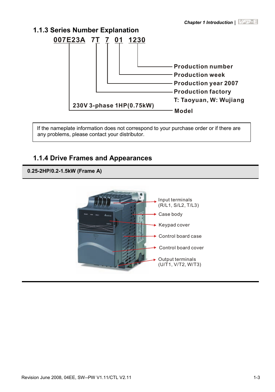 3 series number explanation, 4 drive frames and appearances, 3 series number explanation -3 | 4 drive frames and appearances -3 | Delta Electronics AC Motor Drive VFD-E User Manual | Page 16 / 363