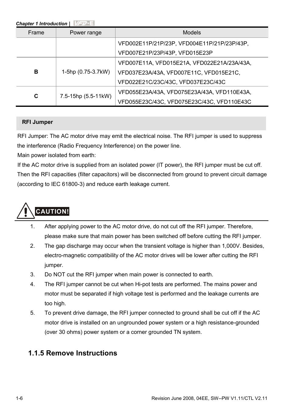 5 remove instructions, 5 remove instructions -6 | Delta Electronics AC Motor Drive VFD-E User Manual | Page 19 / 363