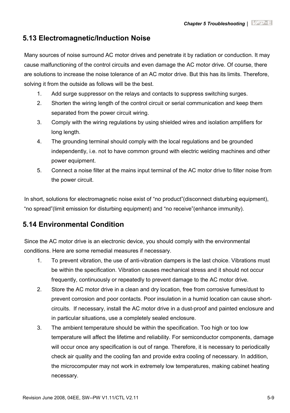 13 electromagnetic/induction noise, 14 environmental condition, 13 electromagnetic/induction noise -9 | 14 environmental condition -9 | Delta Electronics AC Motor Drive VFD-E User Manual | Page 220 / 363