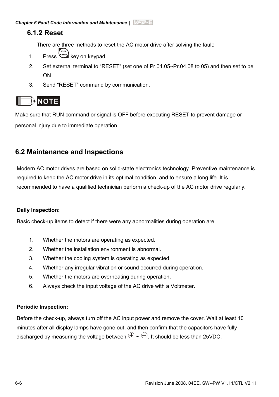 2 reset, 2 maintenance and inspections, 2 reset -6 | 2 maintenance and inspections -6 | Delta Electronics AC Motor Drive VFD-E User Manual | Page 227 / 363