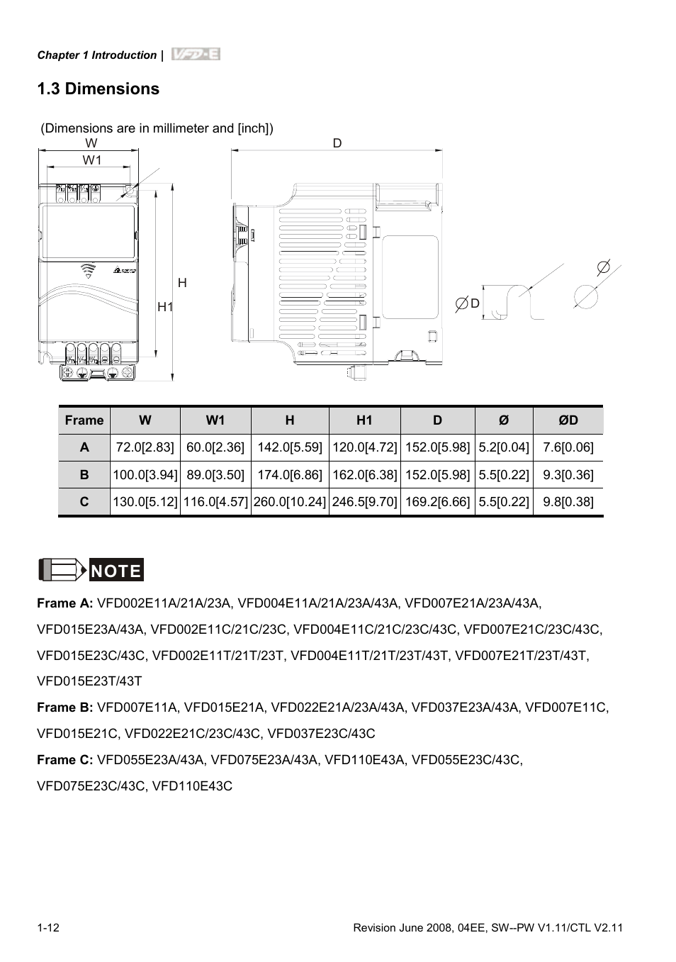 3 dimensions, 3 dimensions -12 | Delta Electronics AC Motor Drive VFD-E User Manual | Page 25 / 363