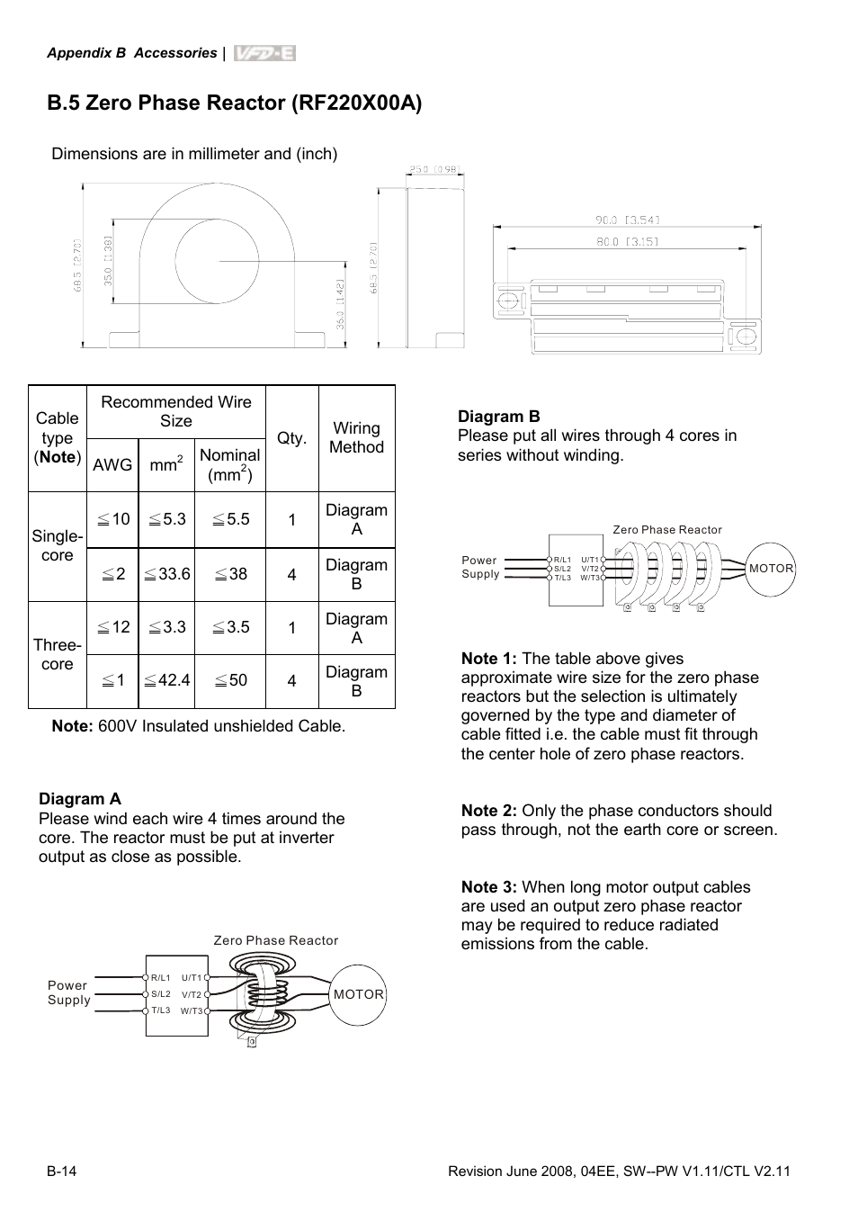B.5 zero phase reactor (rf220x00a) | Delta Electronics AC Motor Drive VFD-E User Manual | Page 251 / 363