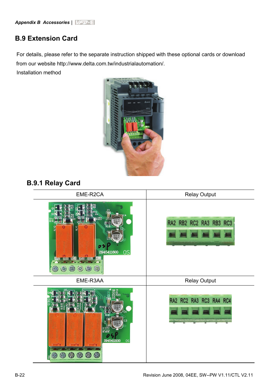 B.9 extension card, B.9.1 relay card | Delta Electronics AC Motor Drive VFD-E User Manual | Page 259 / 363