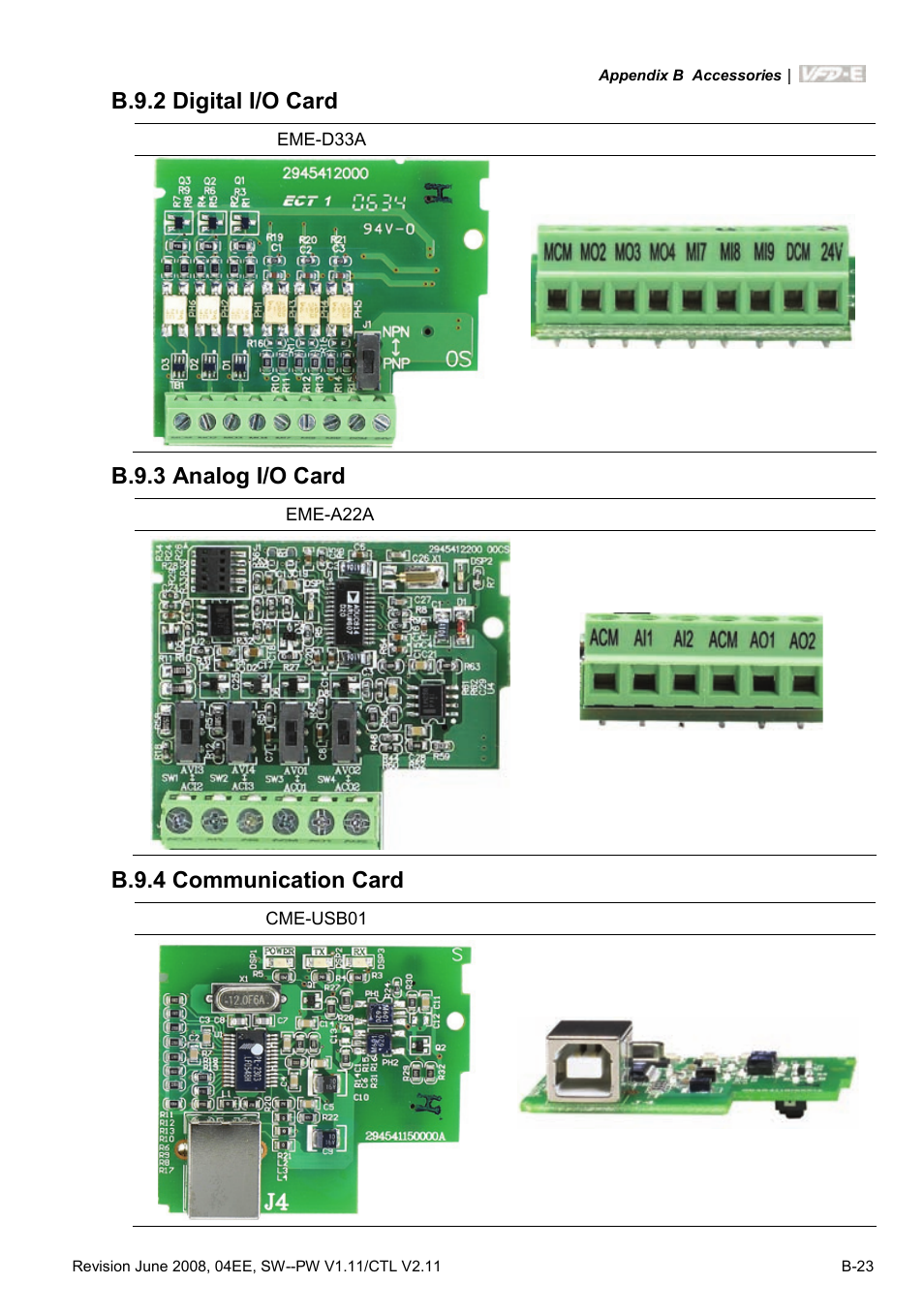 B.9.2 digital i/o card, B.9.3 analog i/o card, B.9.4 communication card | Delta Electronics AC Motor Drive VFD-E User Manual | Page 260 / 363