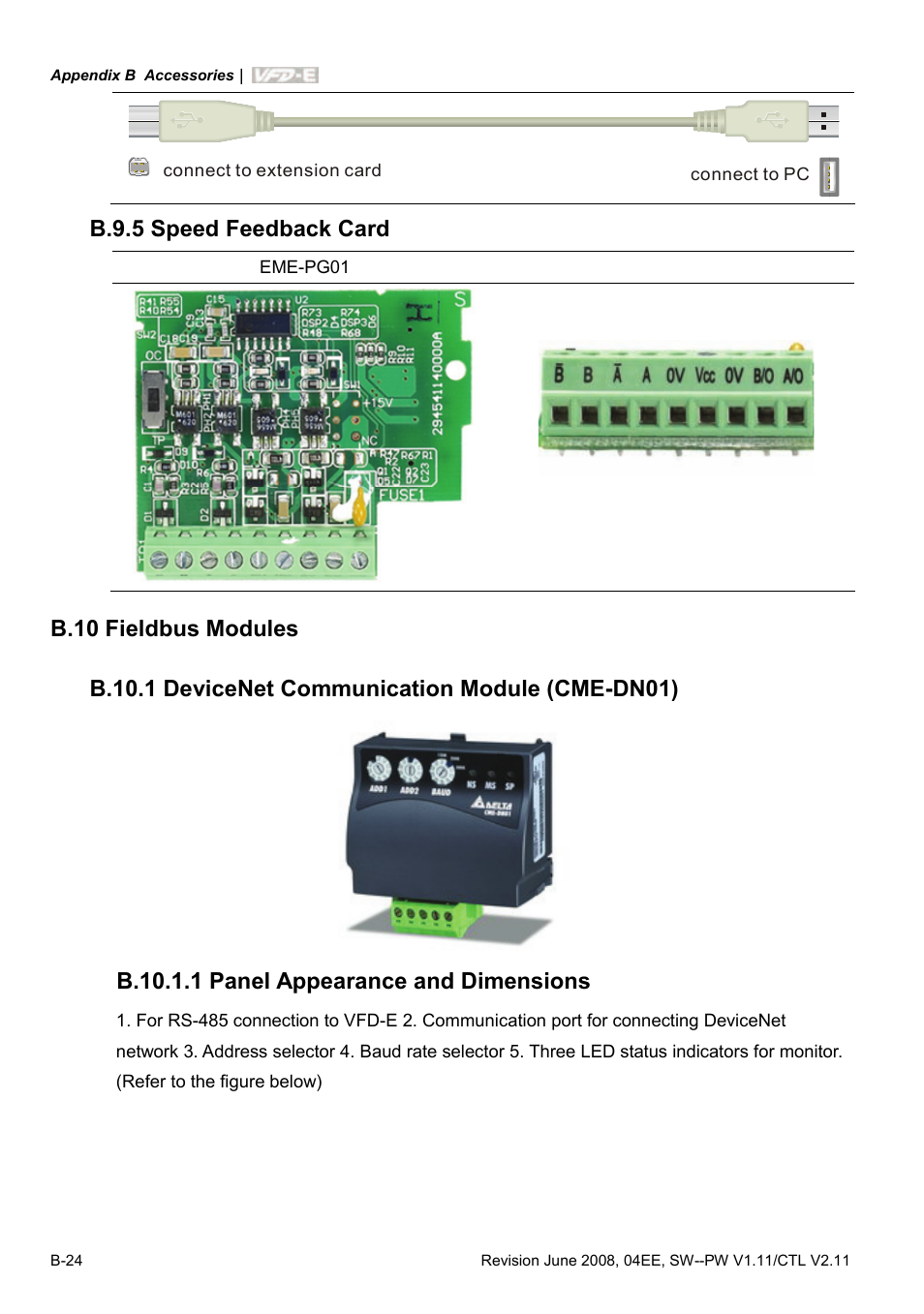 B.9.5 speed feedback card, B.10 fieldbus modules, B.10.1 devicenet communication module (cme-dn01) | B.10.1.1 panel appearance and dimensions | Delta Electronics AC Motor Drive VFD-E User Manual | Page 261 / 363