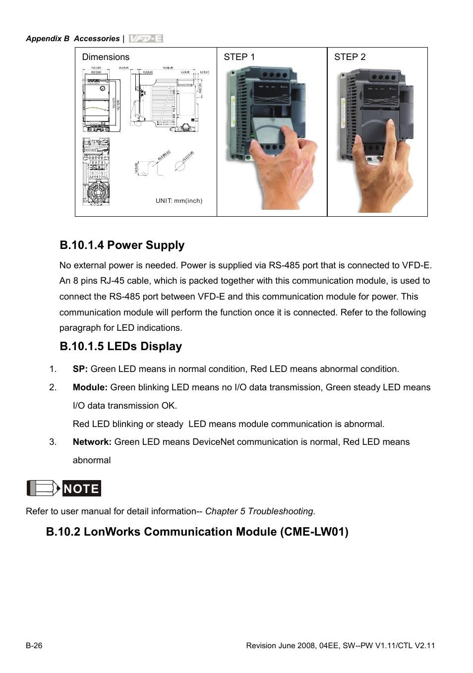 B.10.1.4 power supply, B.10.1.5 leds display, B.10.2 lonworks communication module (cme-lw01) | Delta Electronics AC Motor Drive VFD-E User Manual | Page 263 / 363