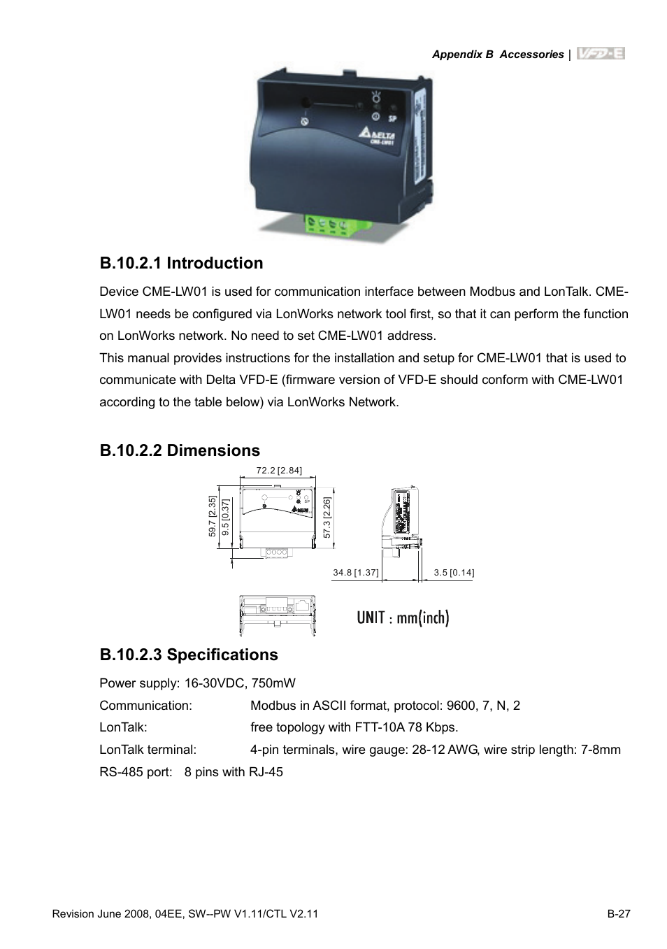 B.10.2.1 introduction, B.10.2.2 dimensions, B.10.2.3 specifications | Delta Electronics AC Motor Drive VFD-E User Manual | Page 264 / 363