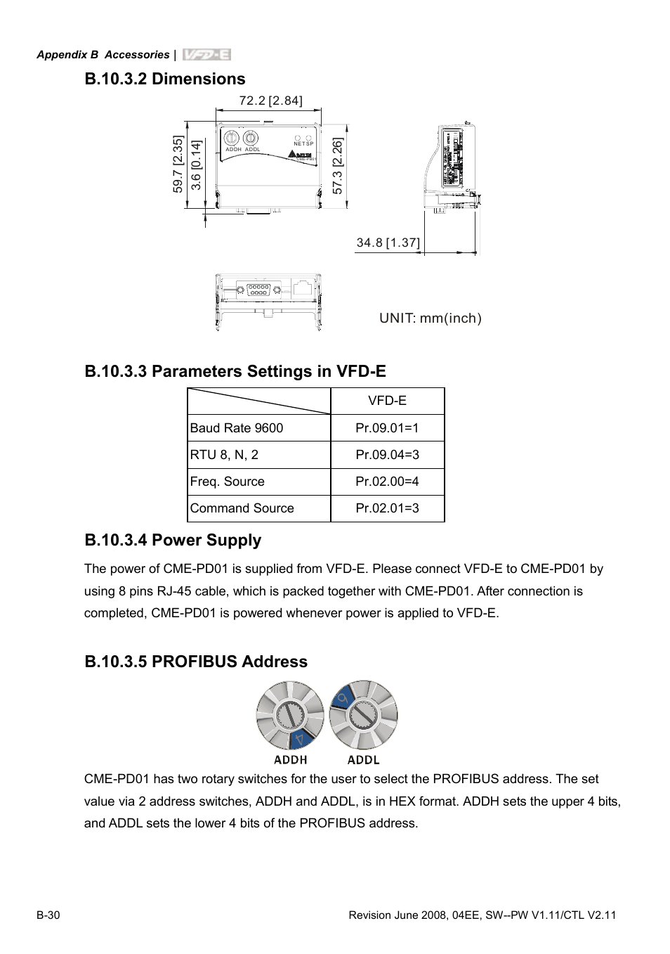 B.10.3.2 dimensions, B.10.3.3 parameters settings in vfd-e, B.10.3.4 power supply | B.10.3.5 profibus address | Delta Electronics AC Motor Drive VFD-E User Manual | Page 267 / 363