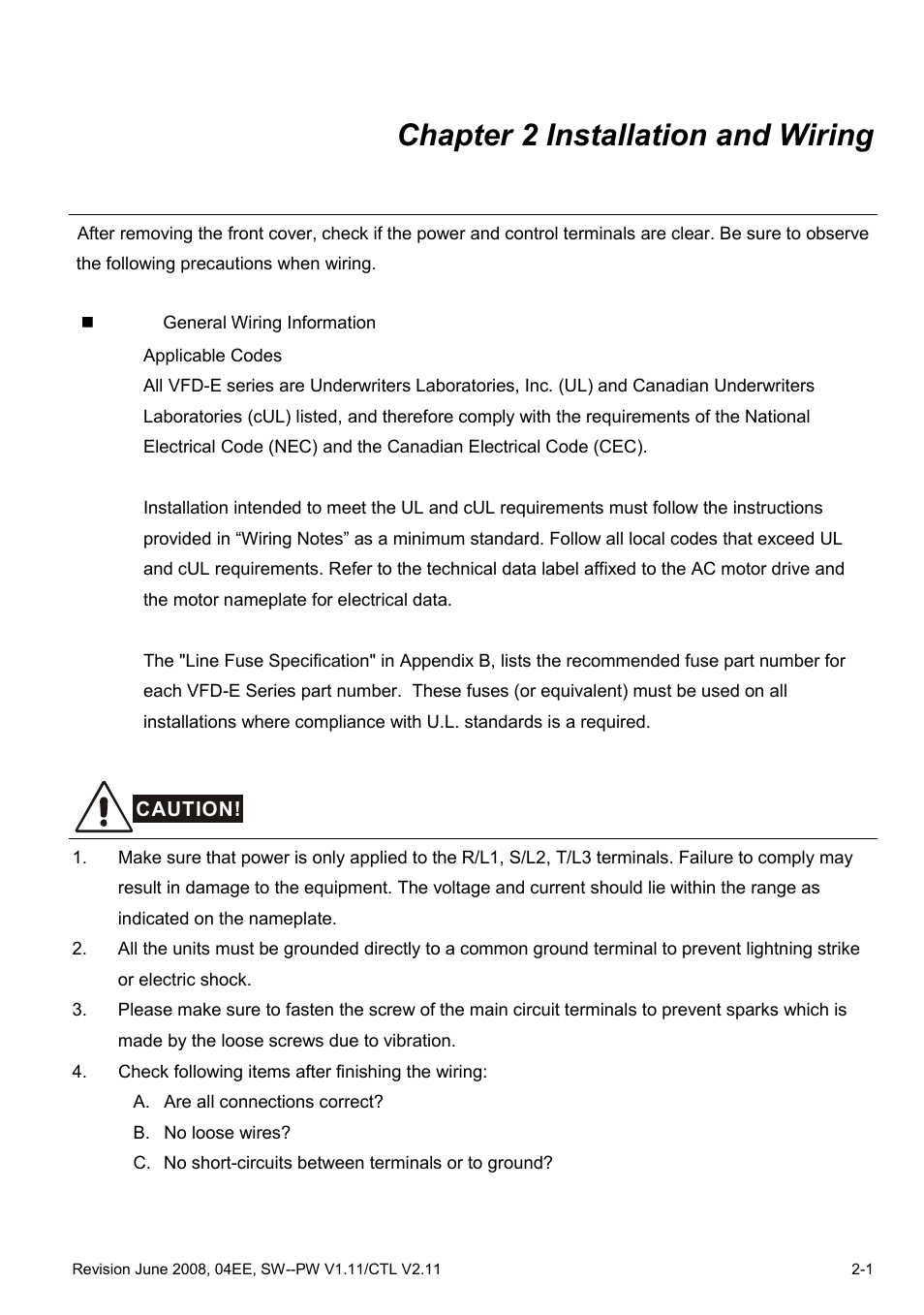 Chapter 2 installation and wiring, Chapter 2 installation and wiring -1 | Delta Electronics AC Motor Drive VFD-E User Manual | Page 28 / 363