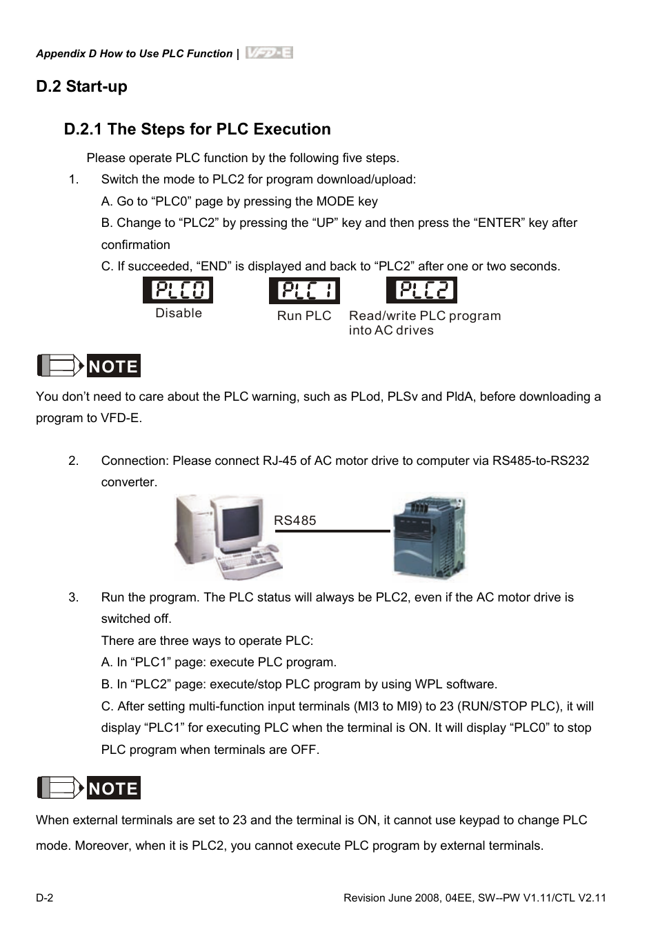 D.2 start-up, D.2.1 the steps for plc execution, D.2 start-up d.2.1 the steps for plc execution | Delta Electronics AC Motor Drive VFD-E User Manual | Page 285 / 363