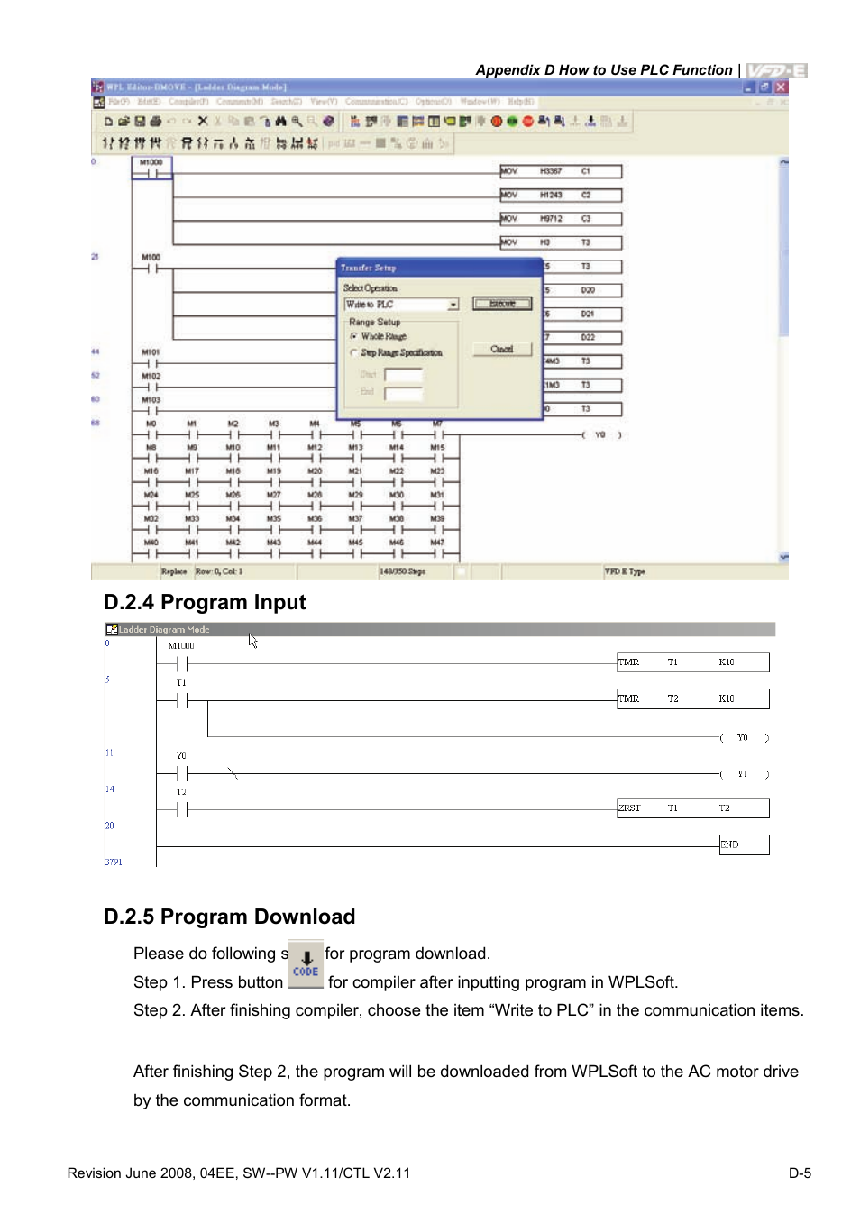 D.2.4 program input, D.2.5 program download | Delta Electronics AC Motor Drive VFD-E User Manual | Page 288 / 363