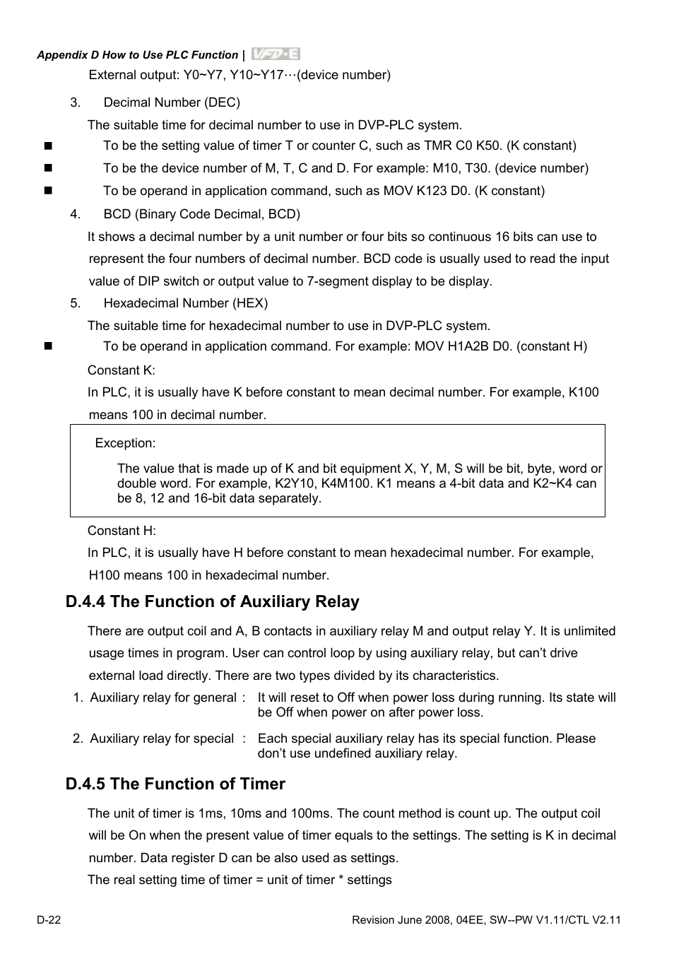 D.4.4 the function of auxiliary relay, D.4.5 the function of timer | Delta Electronics AC Motor Drive VFD-E User Manual | Page 305 / 363