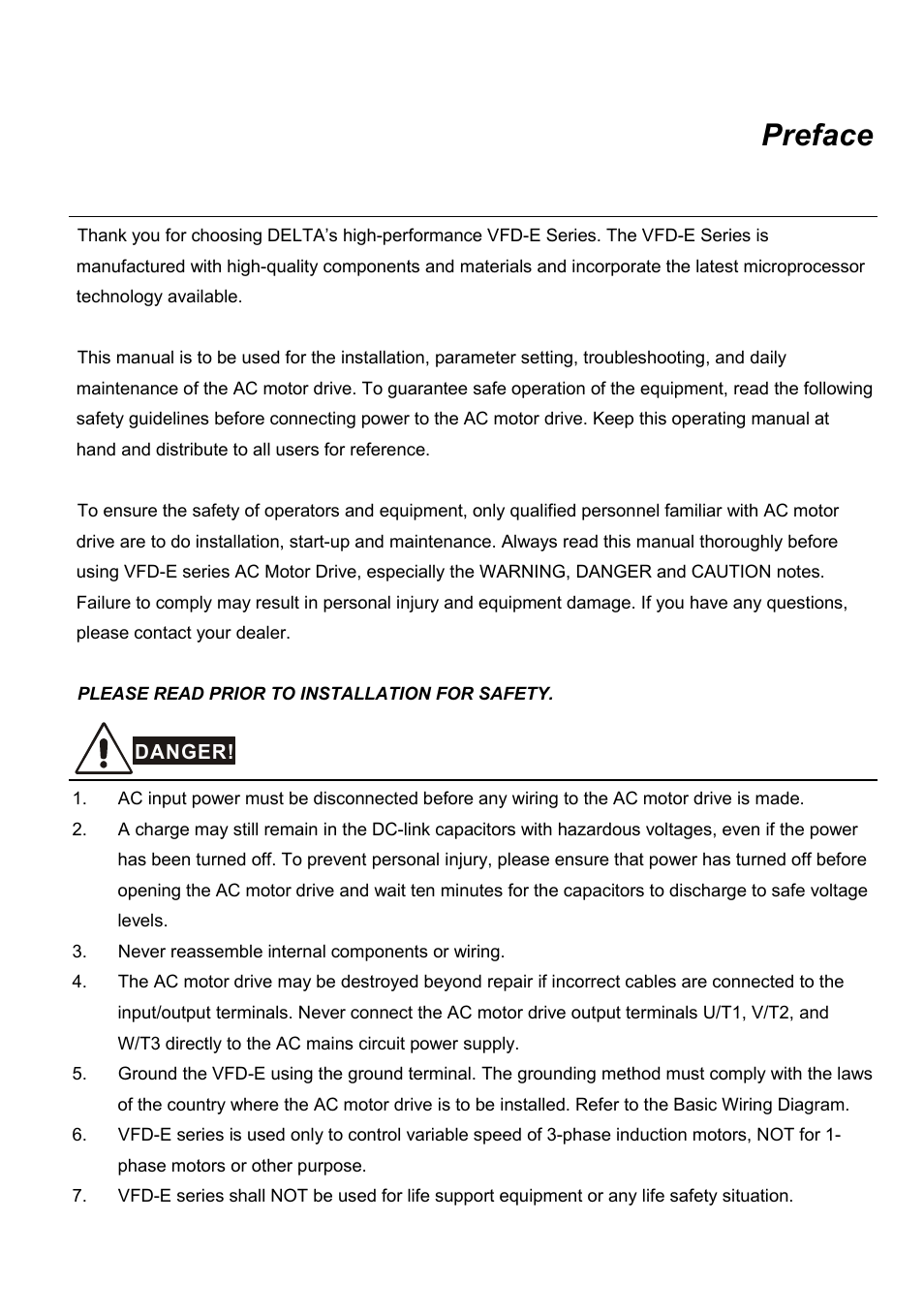 Preface | Delta Electronics AC Motor Drive VFD-E User Manual | Page 4 / 363