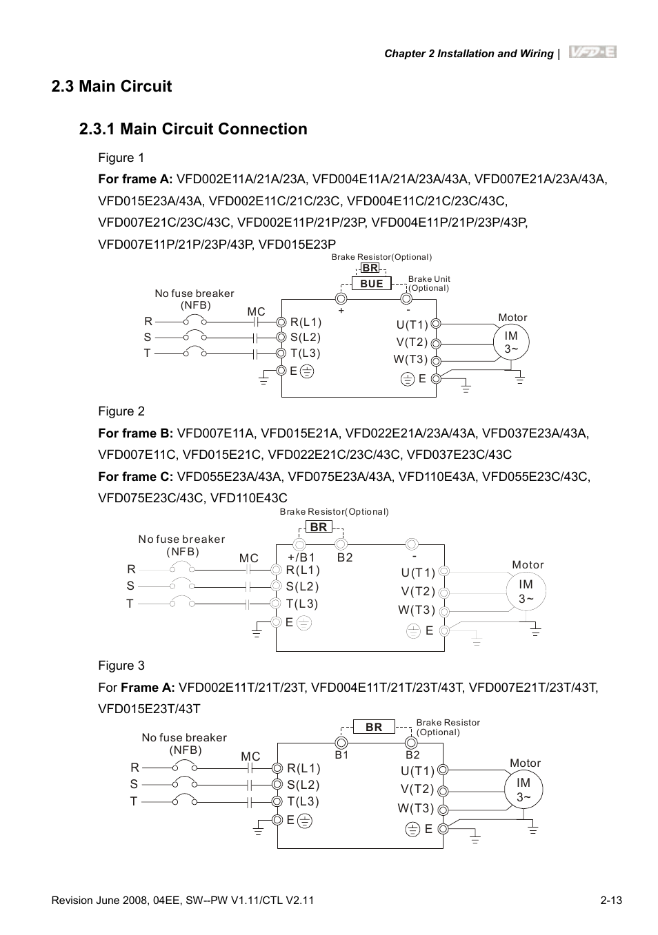 3 main circuit, 1 main circuit connection, 3 main circuit -13 | 1 main circuit connection -13, 3 main circuit 2.3.1 main circuit connection | Delta Electronics AC Motor Drive VFD-E User Manual | Page 40 / 363