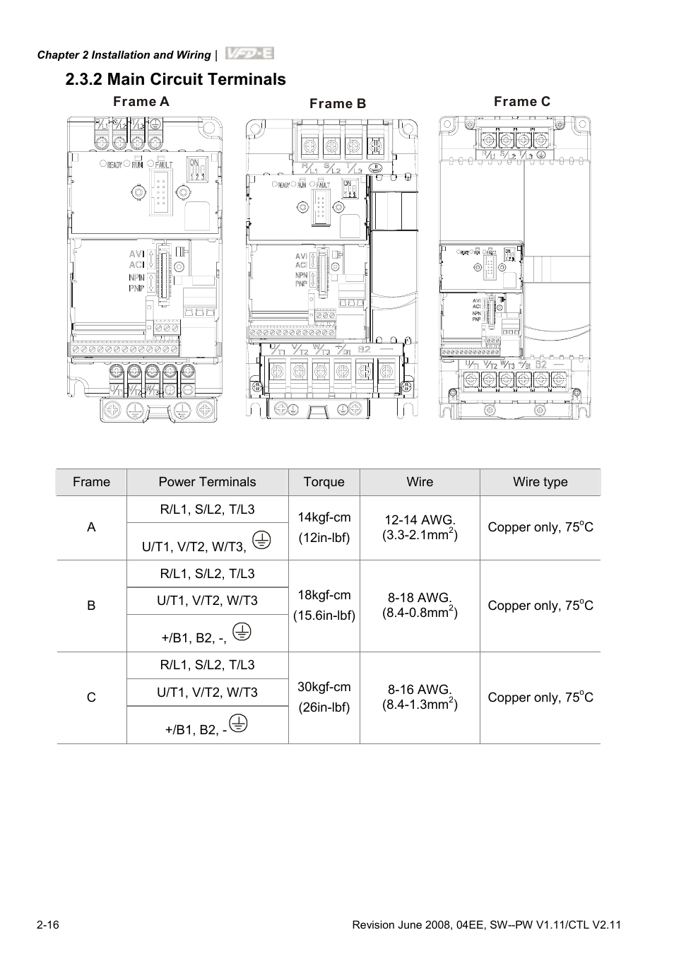 2 main circuit terminals, 2 main circuit terminals -16 | Delta Electronics AC Motor Drive VFD-E User Manual | Page 43 / 363
