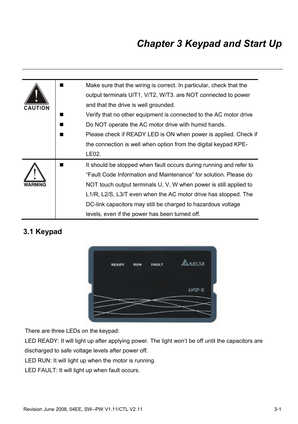 Chapter 3 keypad and start up, 1 keypad, Chapter 3 keypad and start up -1 | 1 keypad -1 | Delta Electronics AC Motor Drive VFD-E User Manual | Page 50 / 363