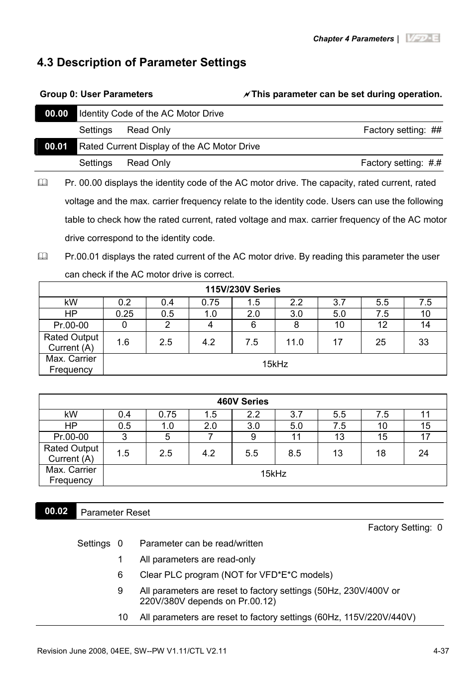 3 description of parameter settings, 3 description of parameter settings -37 | Delta Electronics AC Motor Drive VFD-E User Manual | Page 90 / 363