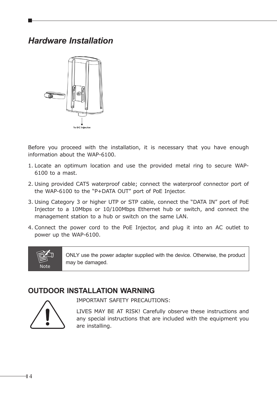 Hardware installation, Outdoor installation warning | PLANET WAP-6100 User Manual | Page 4 / 8