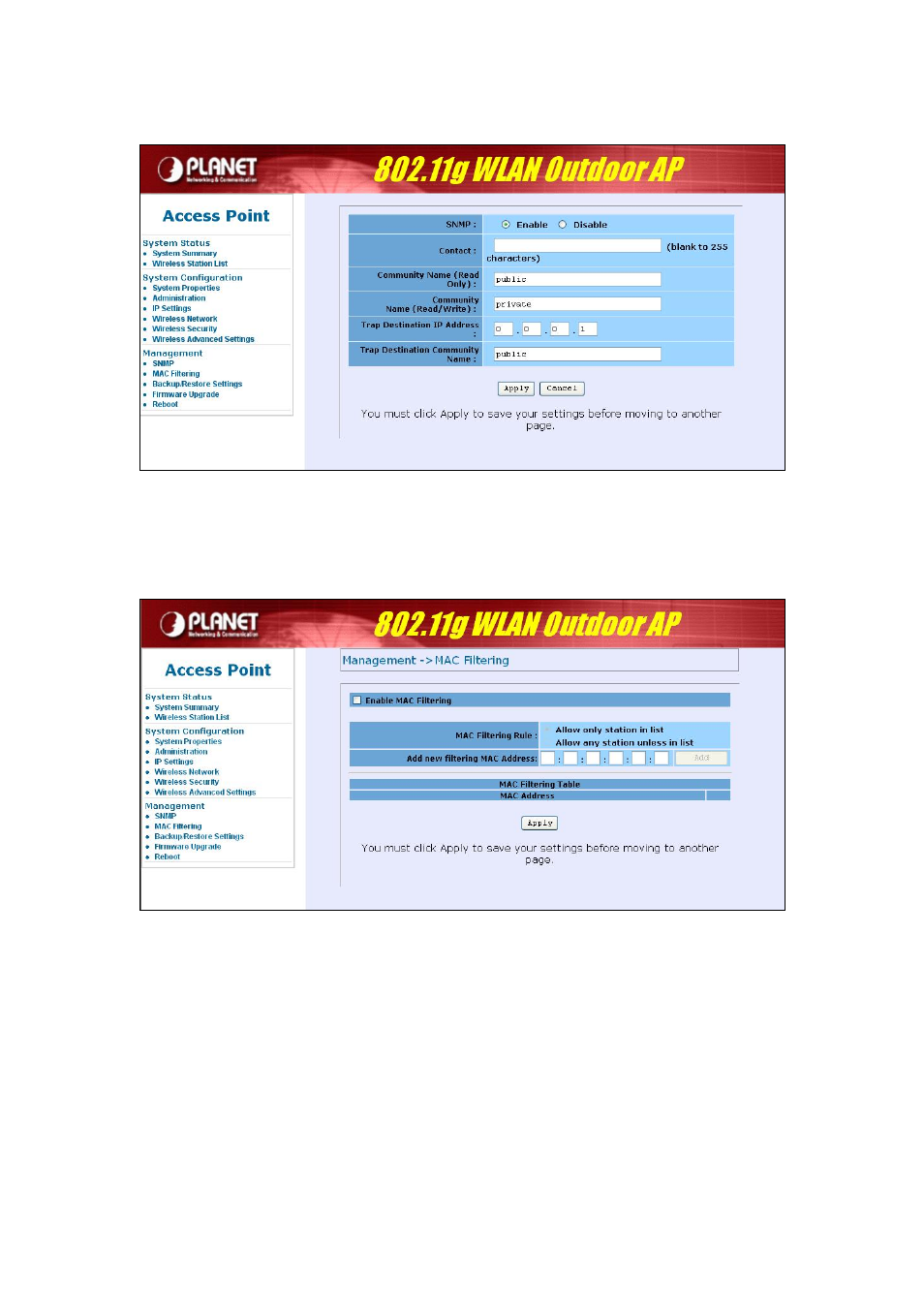9 snmp, 10 mac filter, Snmp | Mac filter | PLANET WAP-6100 User Manual | Page 26 / 44