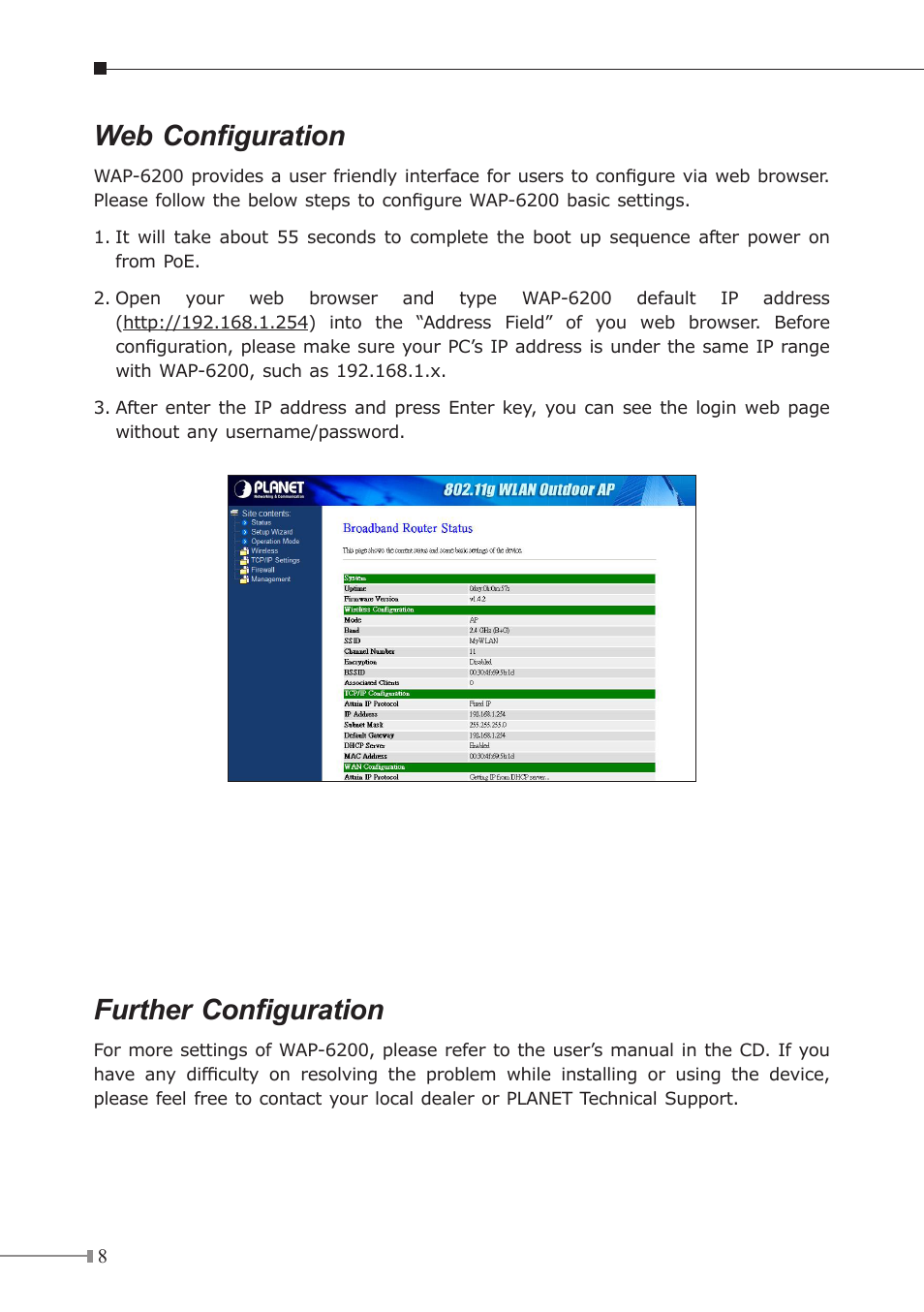 Web configuration, Further configuration | PLANET WAP-6200 User Manual | Page 8 / 8