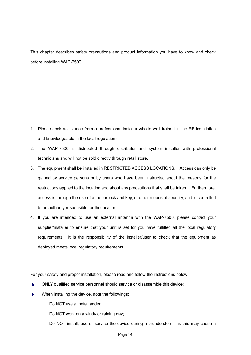 Chapter 2 hardware installation, 1 preparation before installation, 1 professional installation required | 2 safety precautions | PLANET WAP-7500 User Manual | Page 14 / 82
