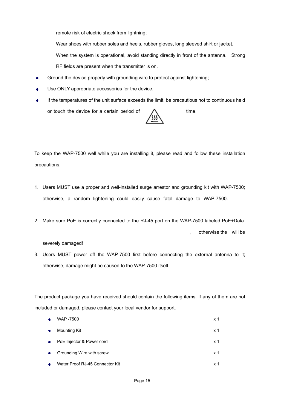 3 installation precautions, 4 product package | PLANET WAP-7500 User Manual | Page 15 / 82
