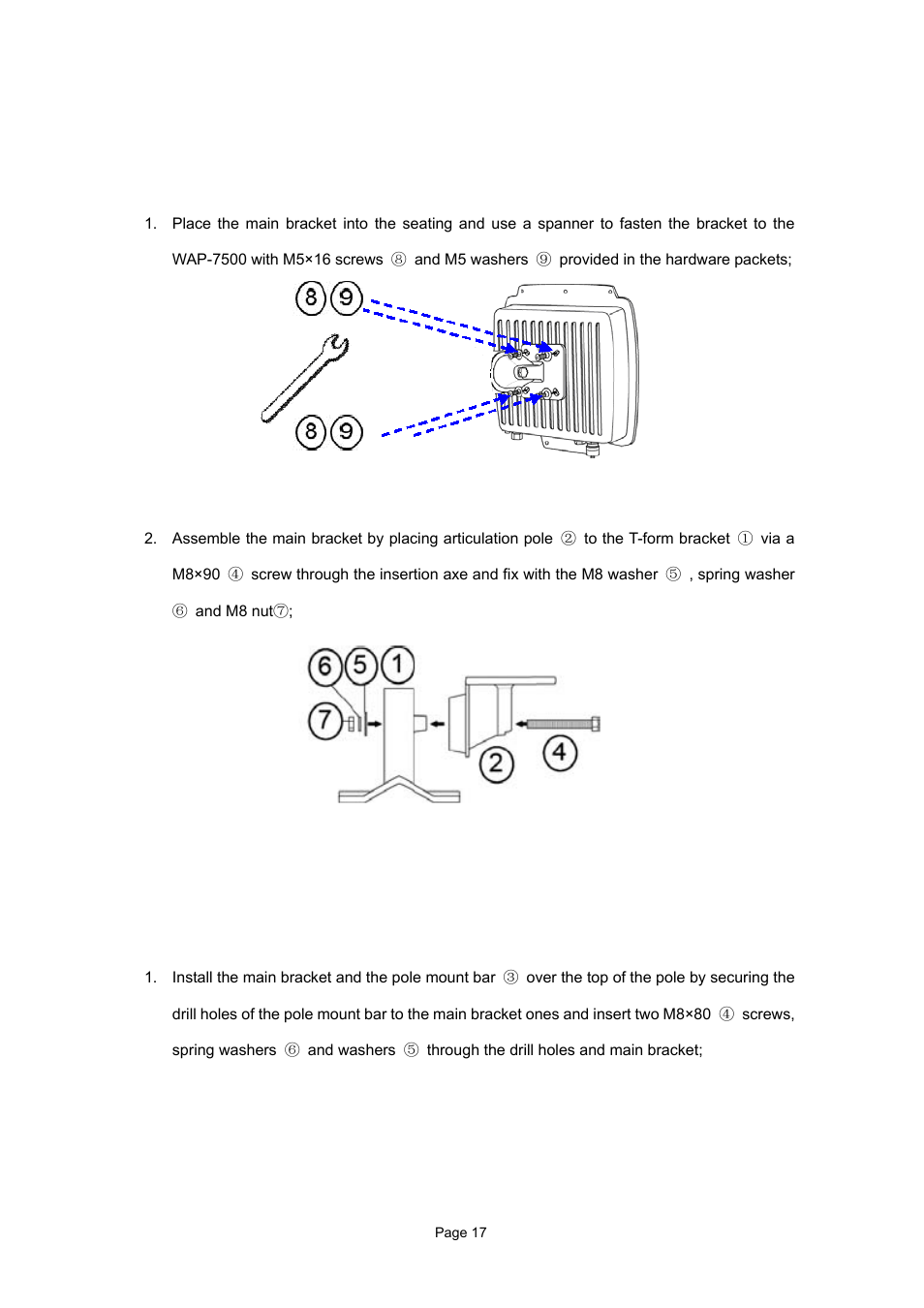 2 hardware installation, 1 assemble the mounting bracket, 2 pole mounting | PLANET WAP-7500 User Manual | Page 17 / 82