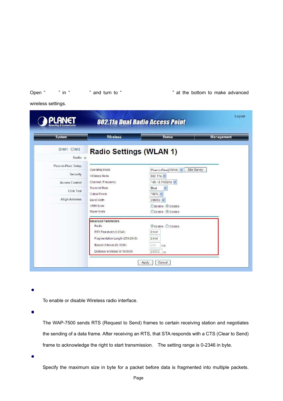 Chapter 4 advanced settings, 1 advanced wireless settings | PLANET WAP-7500 User Manual | Page 33 / 82