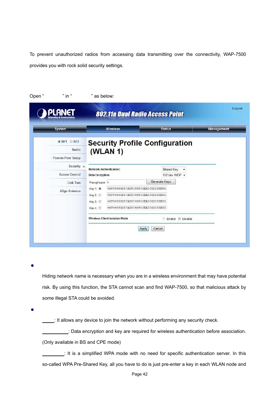 7 wireless security settings, 1 security profile configuration | PLANET WAP-7500 User Manual | Page 42 / 82