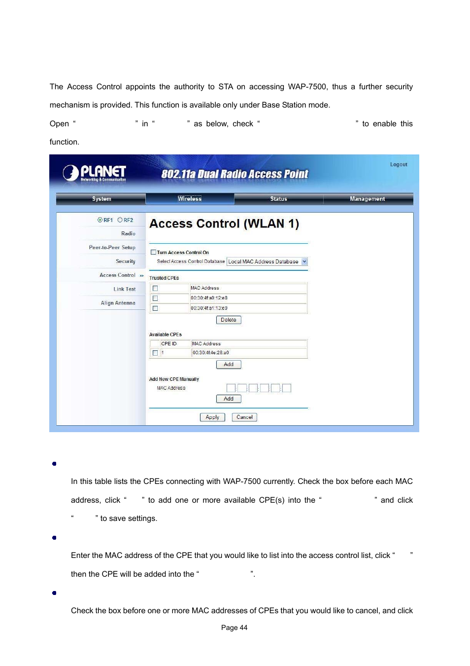 2 access control | PLANET WAP-7500 User Manual | Page 44 / 82