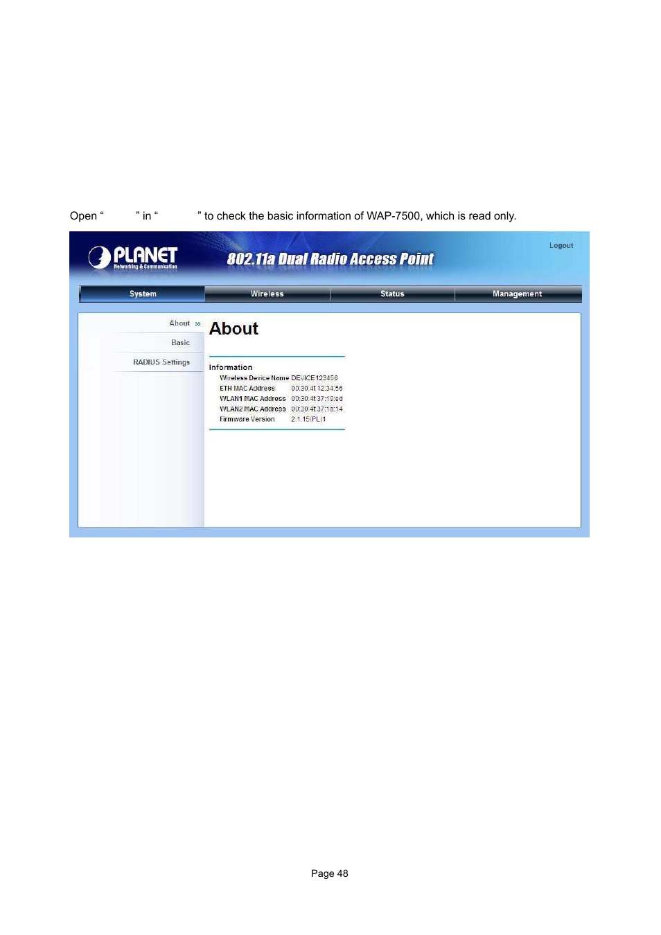 Chapter 5 management, 1 view wap-7500 basic information | PLANET WAP-7500 User Manual | Page 48 / 82