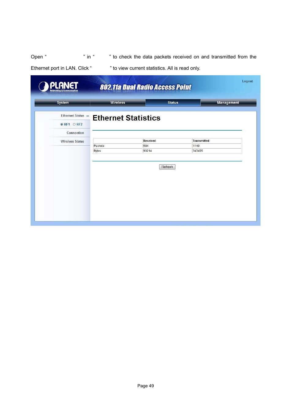 2 view ethernet statistics | PLANET WAP-7500 User Manual | Page 49 / 82